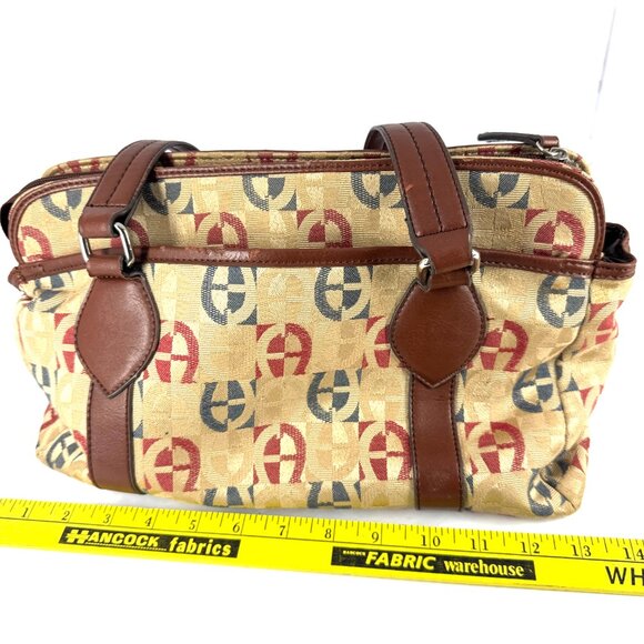 Etienne Aigner Monogram Canvas Shoulder Tote Brown Faux Leather Trim - Picture 14 of 16